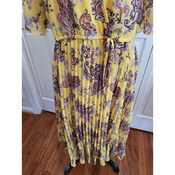 Yellow Paisley Faux Wrap Dress and Slip Pleated Sheer XL Boho Cottage TradWife - Picture 4 of 9